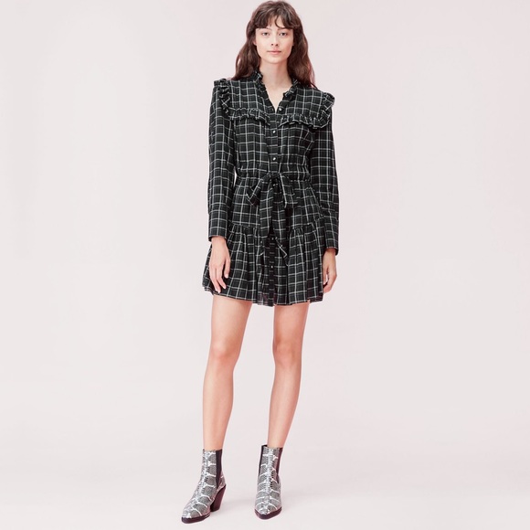 Rebecca Taylor La Vie Drapey Plaid Long Sleeve Belted Ruffle Dress - Black Combo - Picture 3 of 16